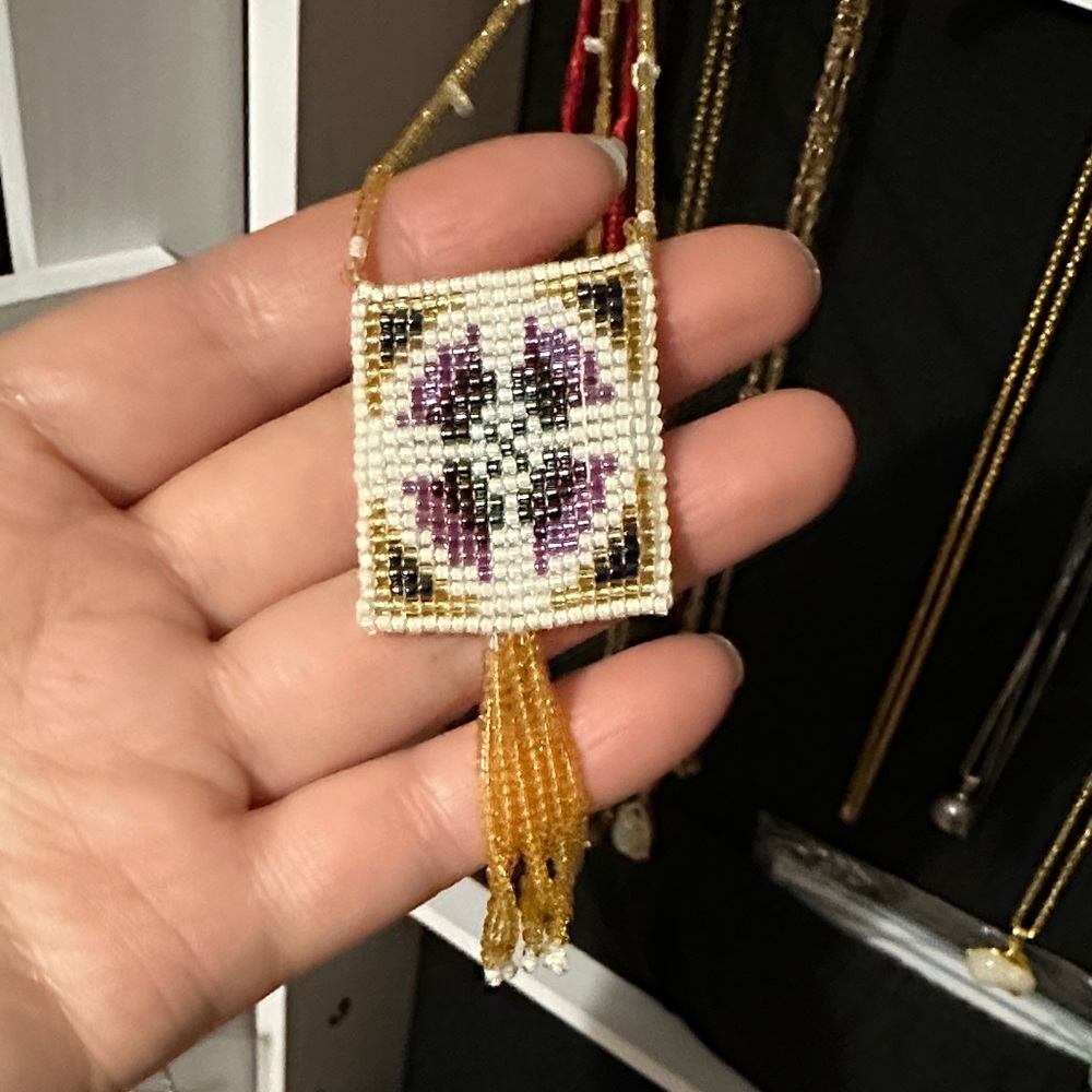 Beaded Pendant Necklace with Purple and Gold Accents